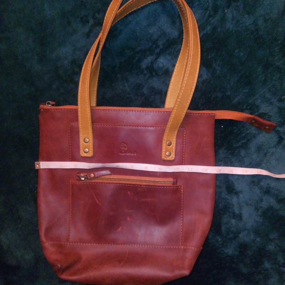 Babak Two Toned Square Leather Tote, Reddish Brown & Tan - Picture 8 of 15